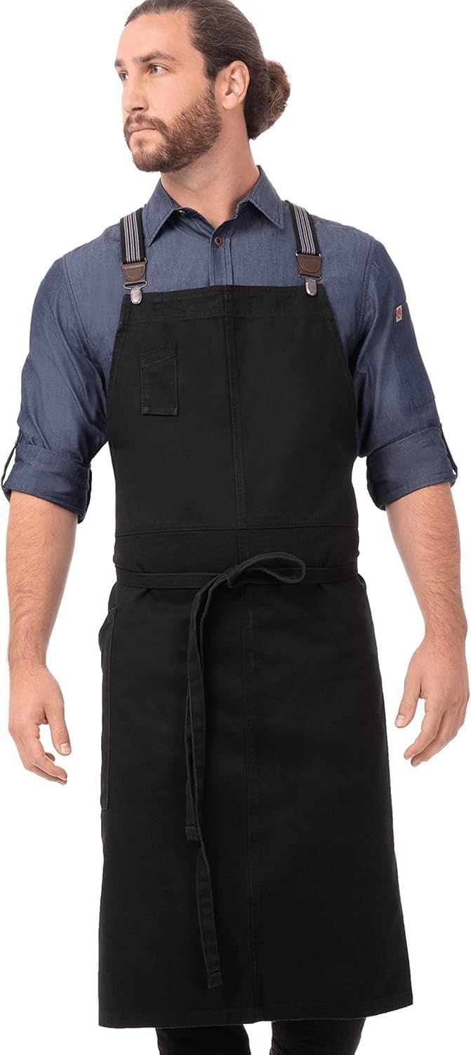 Men's Jet Black Cotton Chef Bib Apron with Suspenders