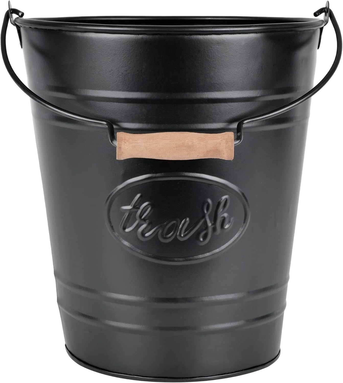 Matte Black Galvanized Metal Trash Can with Wooden Handle