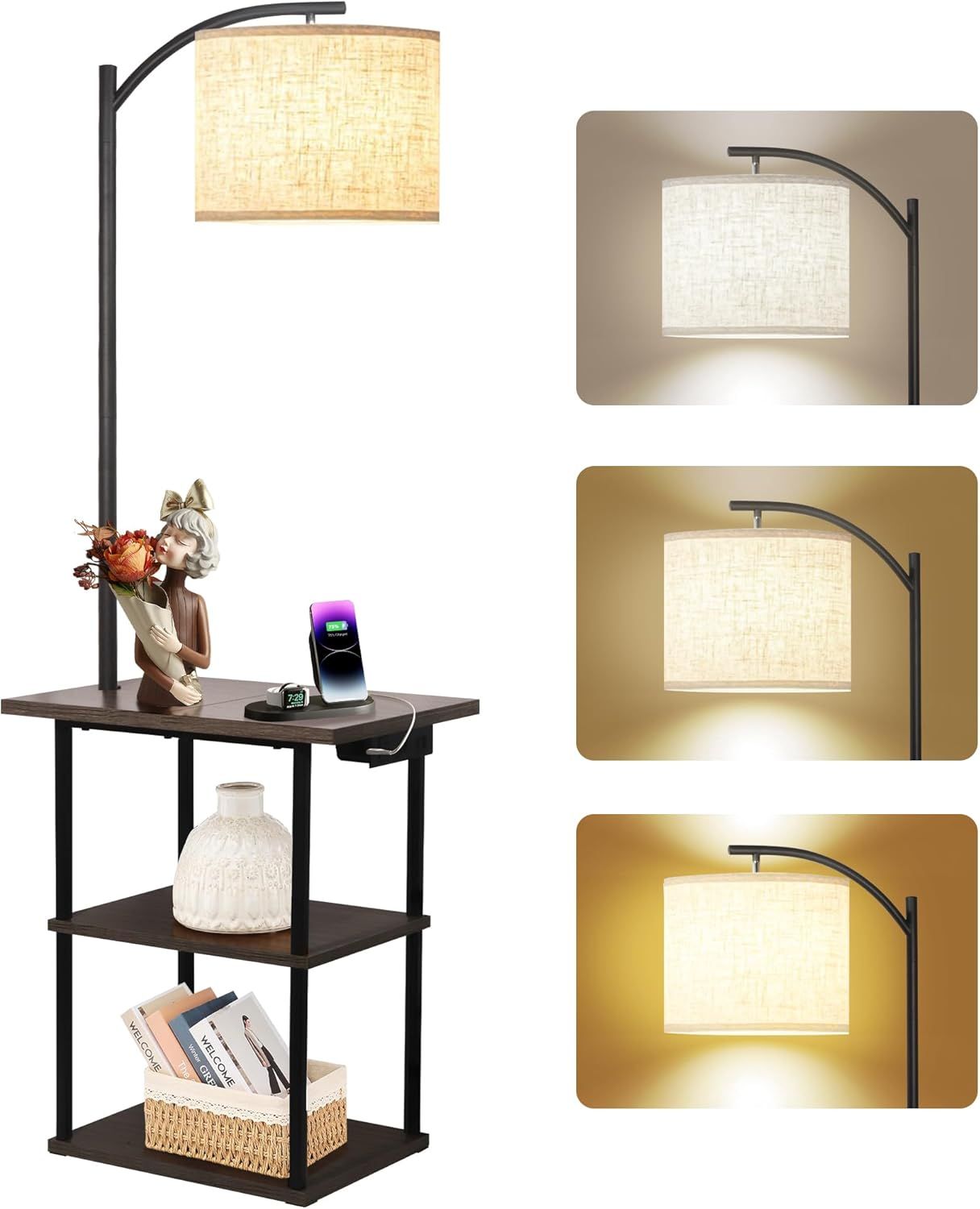 Rustic Brown Floor Lamp with Table and Charging Station