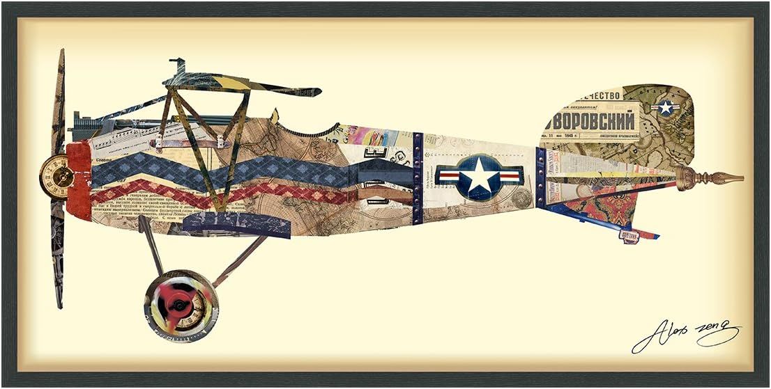 Antique Biplane Collage Art on Canvas with Black Frame