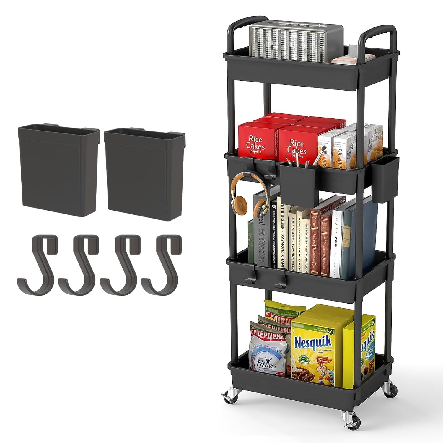 Black 4-Tier Rolling Utility Cart with Drawer