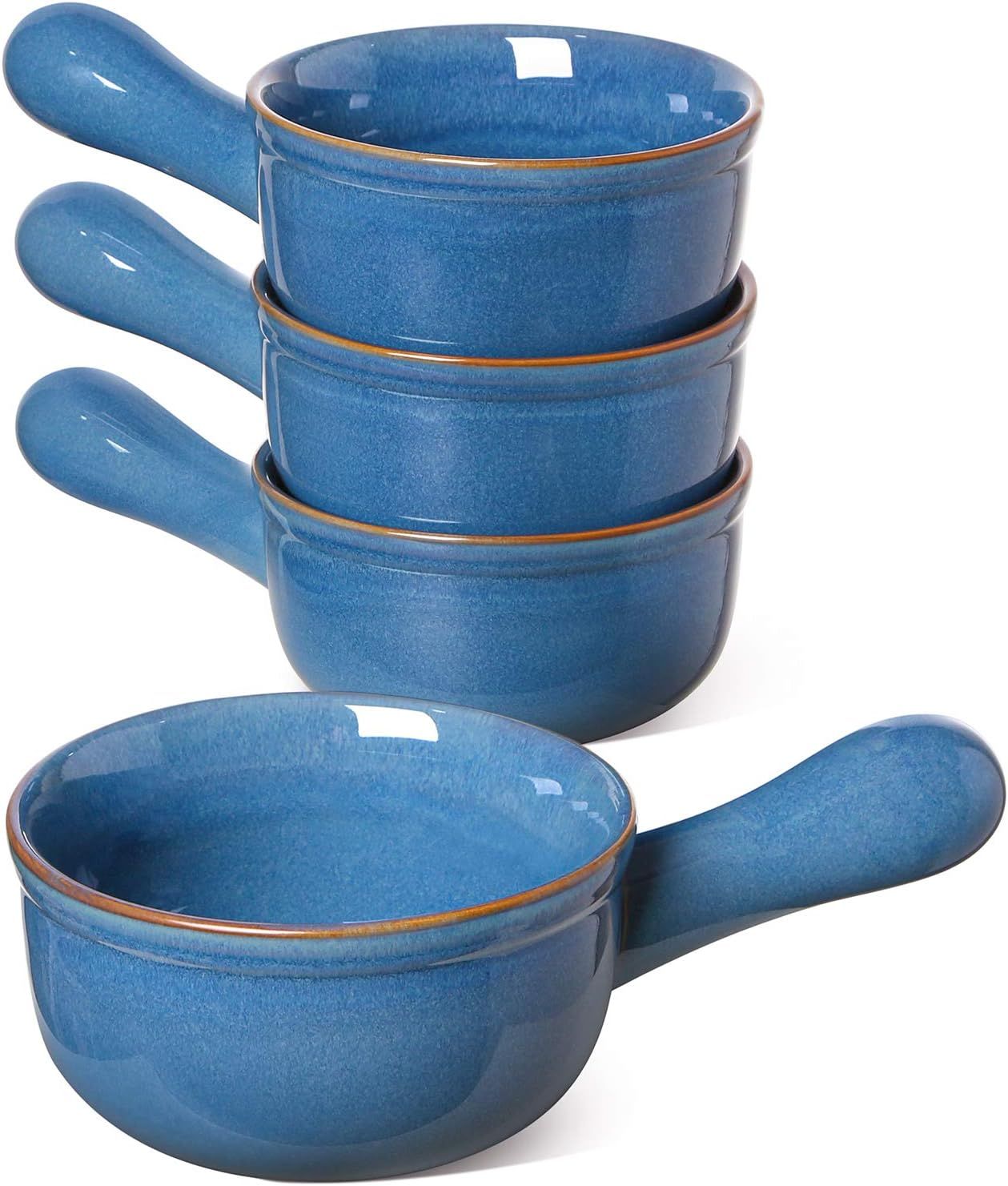 Ceylon Blue Ceramic Soup and Cereal Bowls with Handles, Set of 4