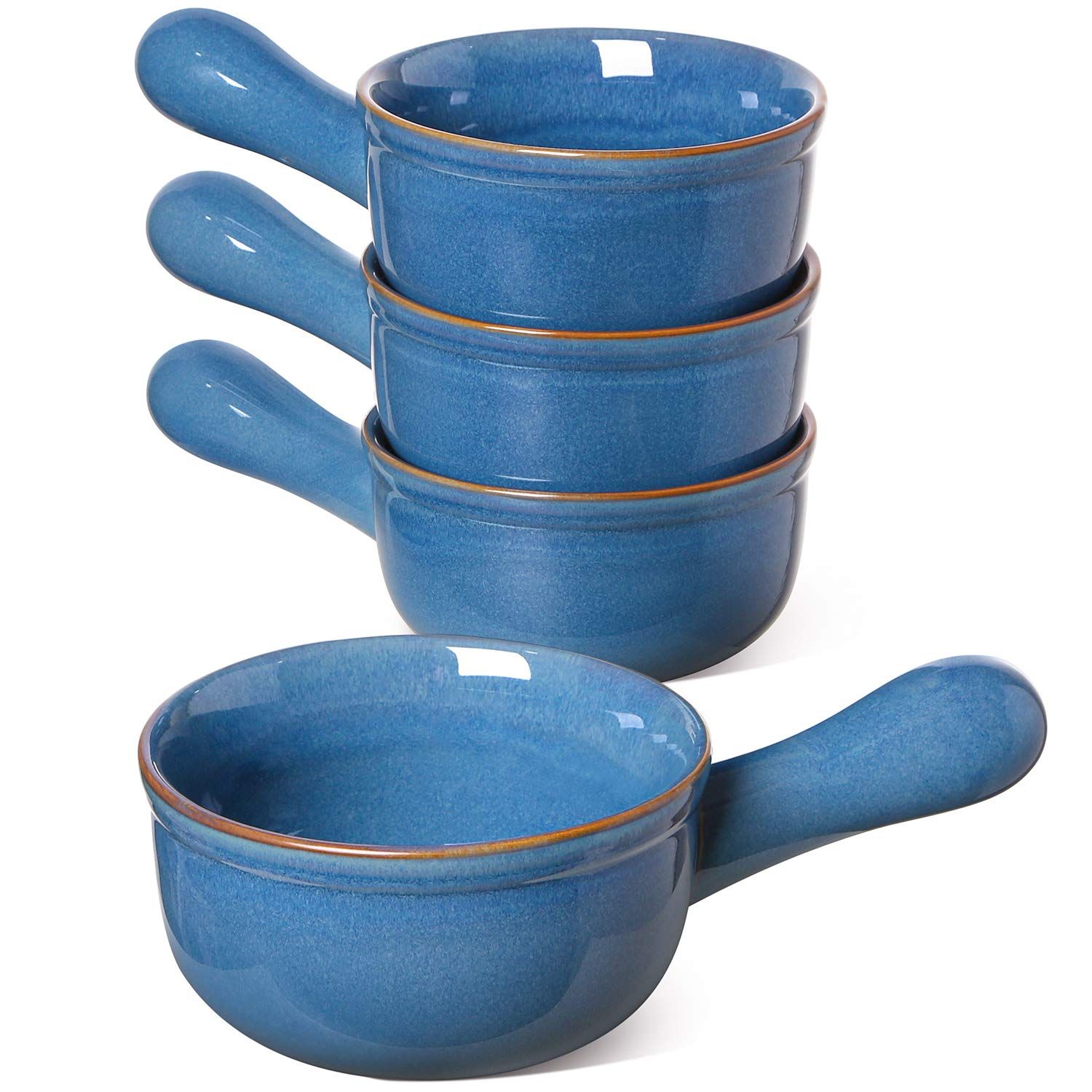 Ceylon Blue Ceramic Soup and Cereal Bowls with Handles, Set of 4