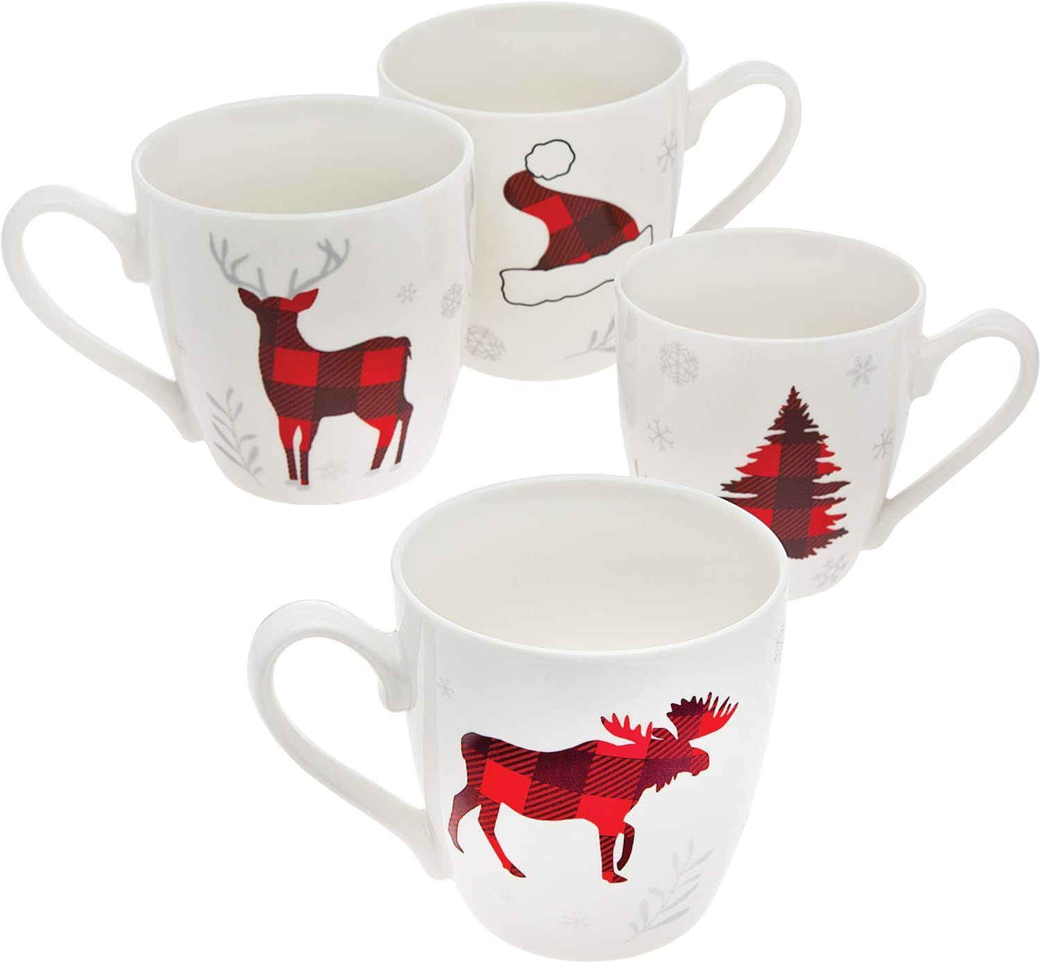 White and Red Christmas Animal Bone China Mugs Set of 4