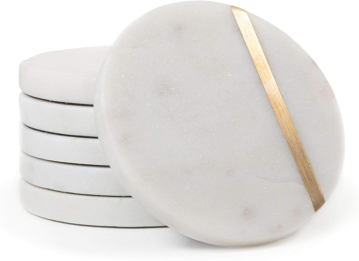 White Marble and Gold Brass Inlay Coasters Set of 6