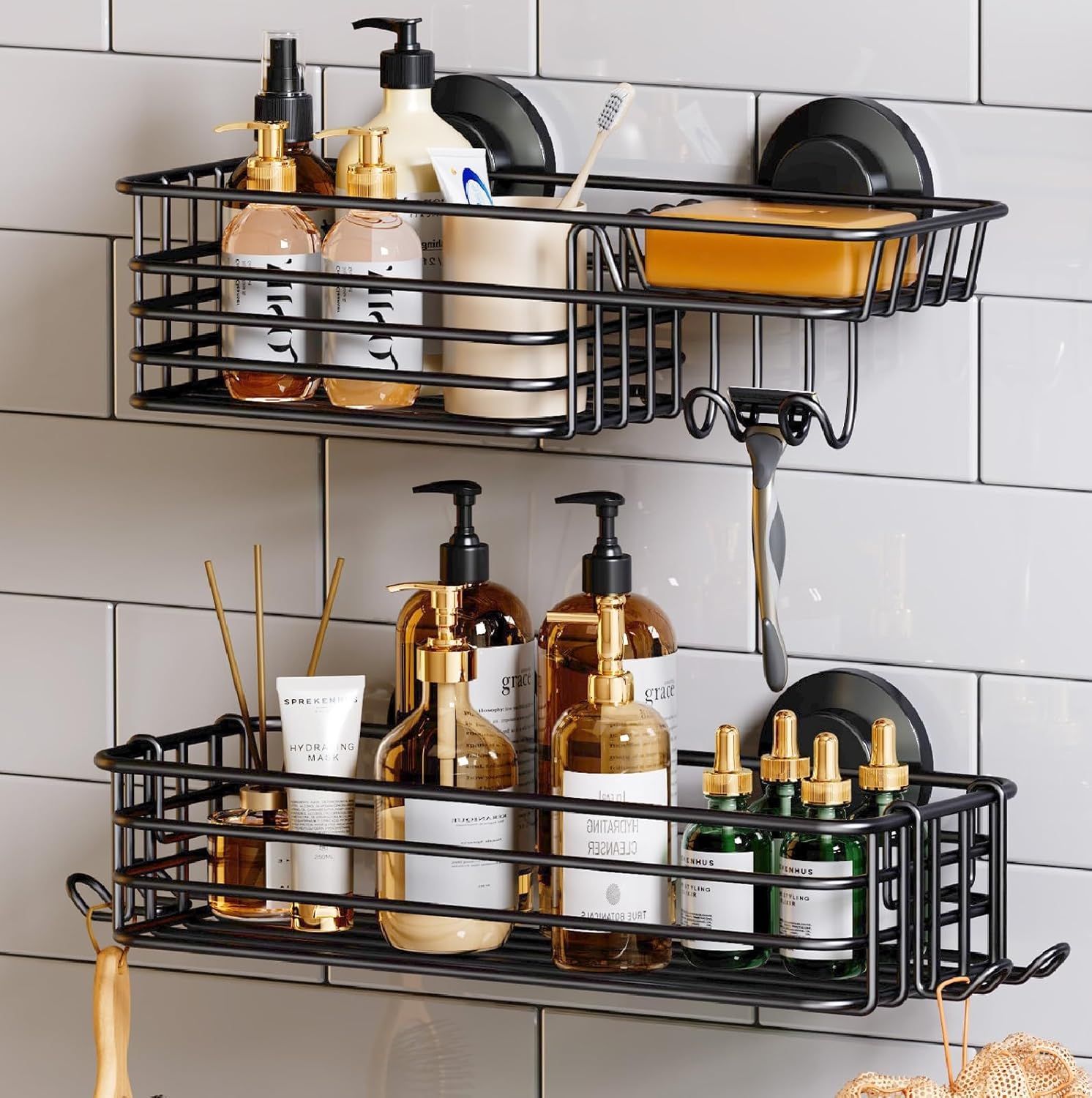 Black Metal Suction Mount Shower Caddy with Hooks