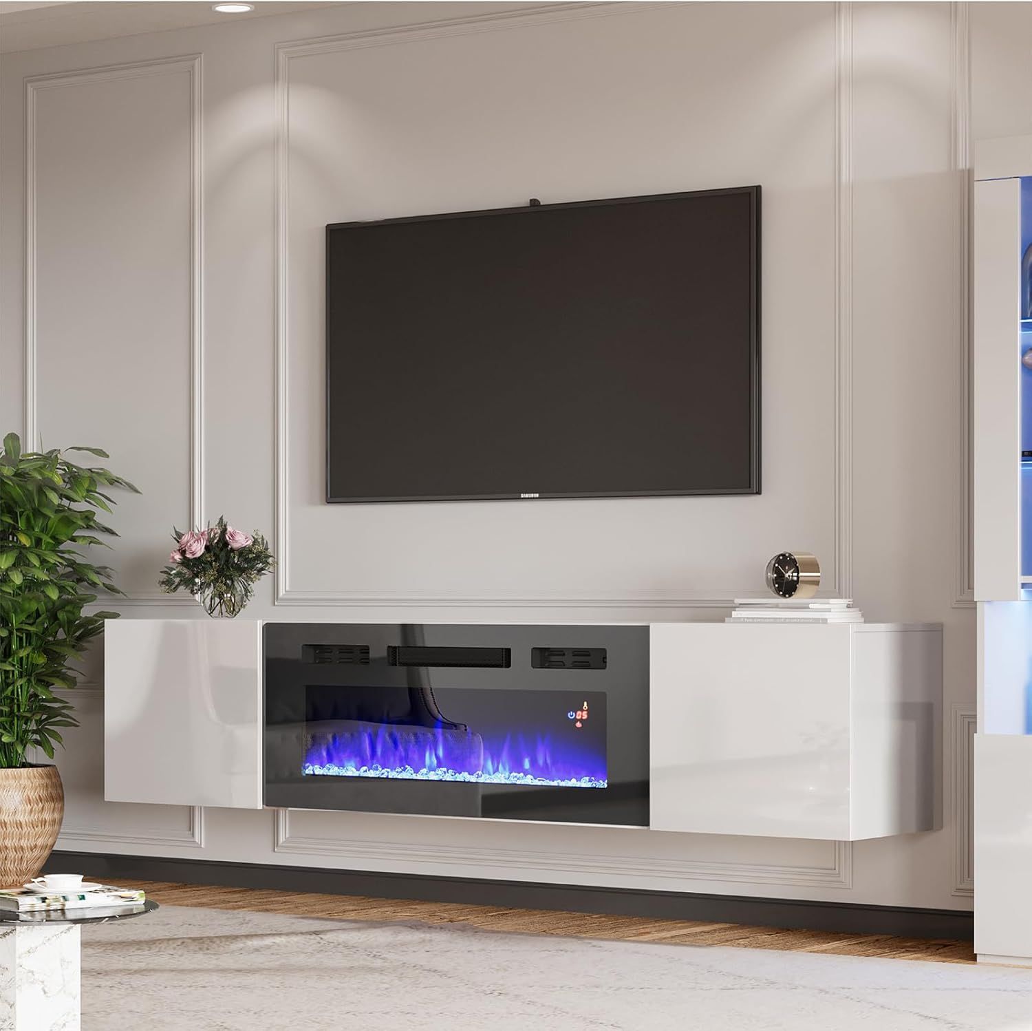 White Gloss Floating TV Stand with Electric Fireplace