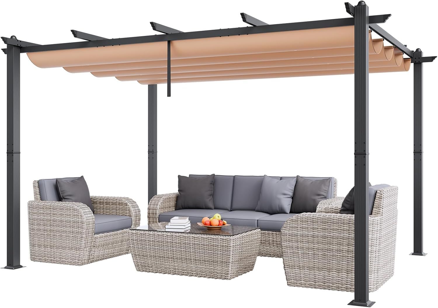 Beige Aluminum Outdoor Retractable Pergola with Canopy