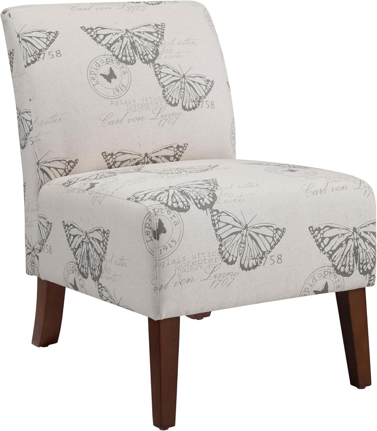 Gray Butterfly Print Linen Slipper Chair with Wood Legs