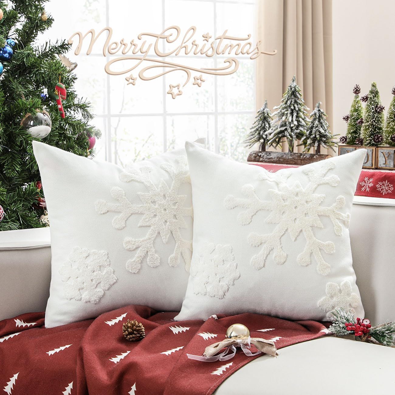 White Polyester Embroidered Snowflake Christmas Throw Pillow