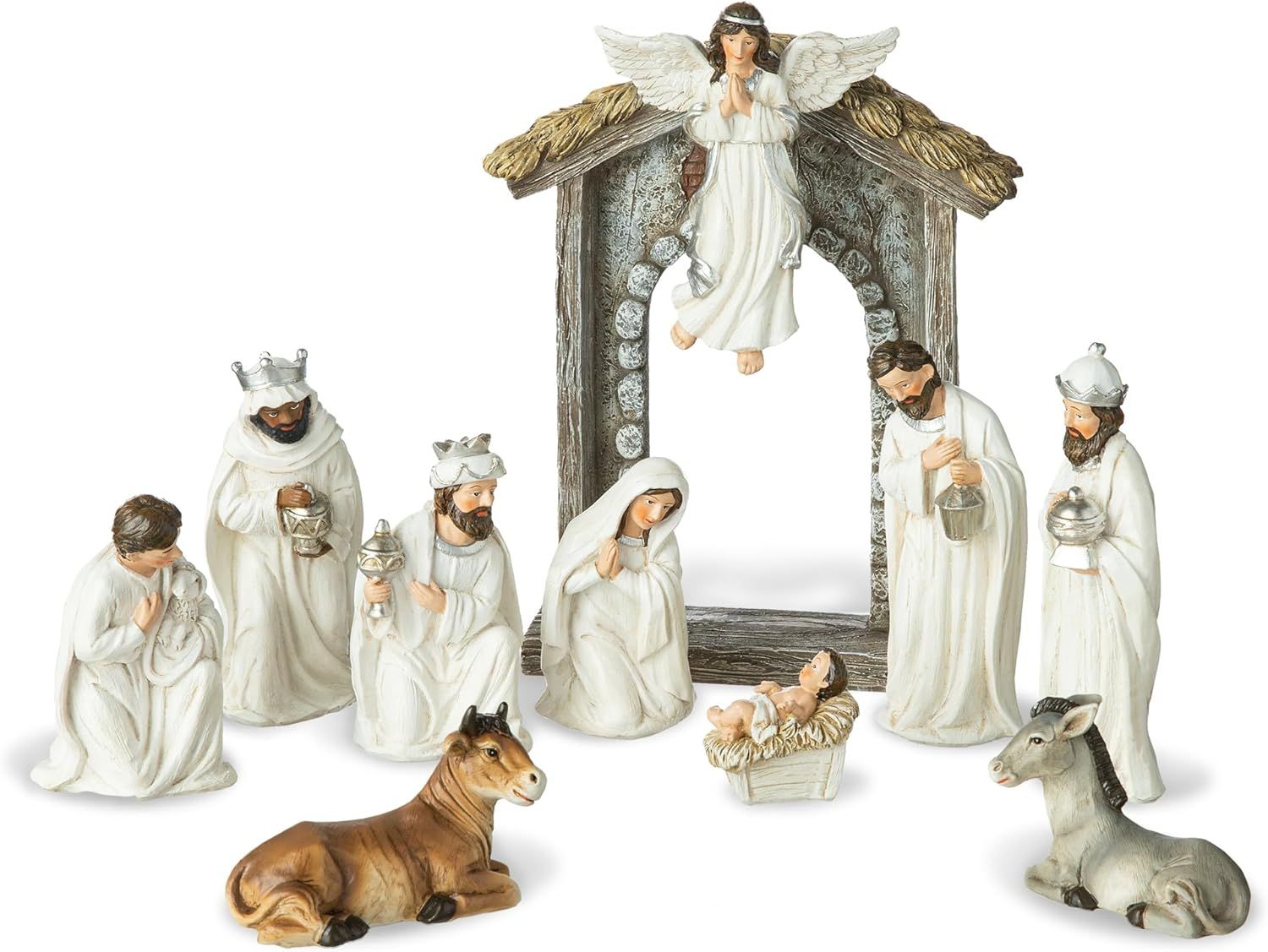 Ivory Resin Nativity Scene Set with Angel and Holy Family