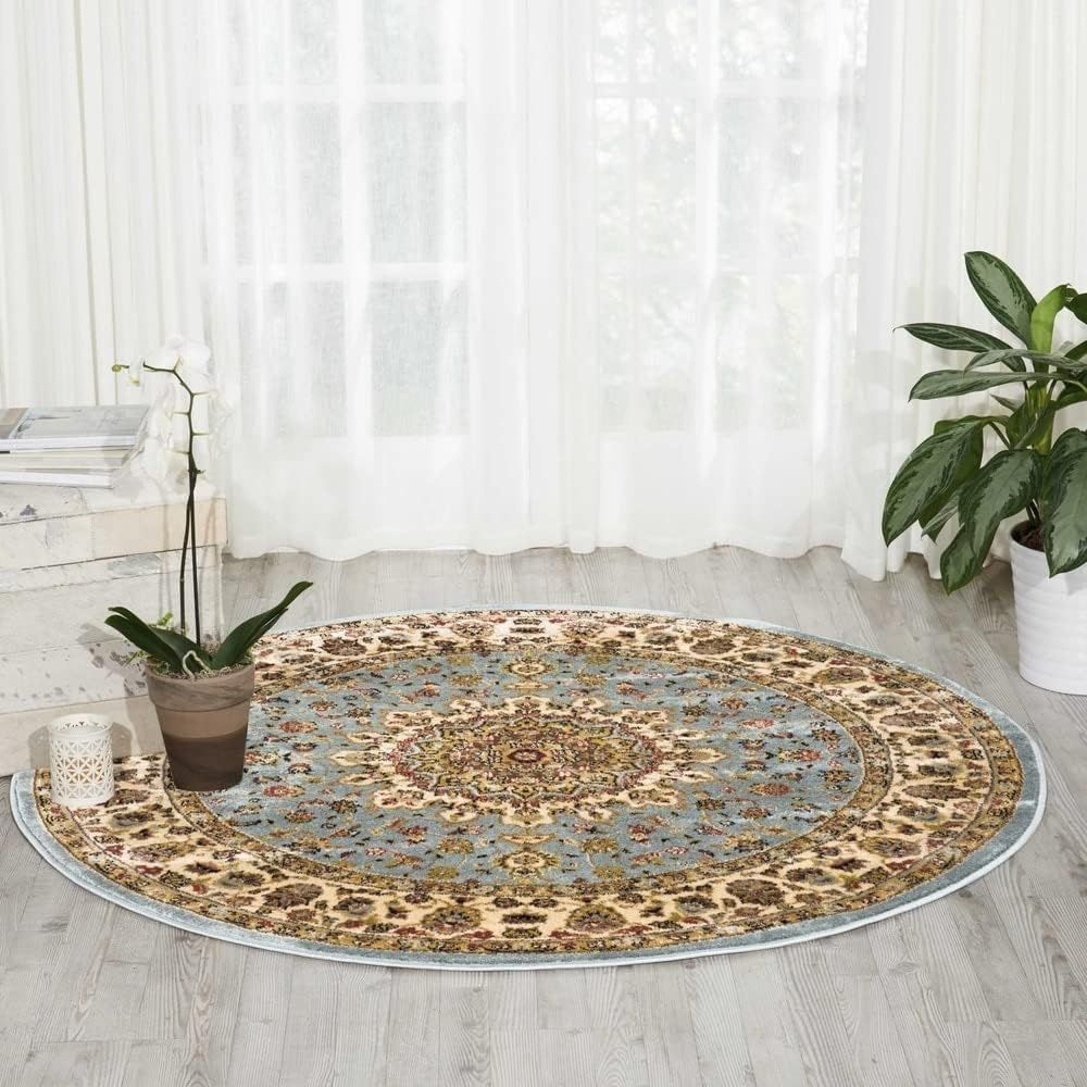 Delano Classic Floral Blue Round Synthetic Area Rug, 7'10"