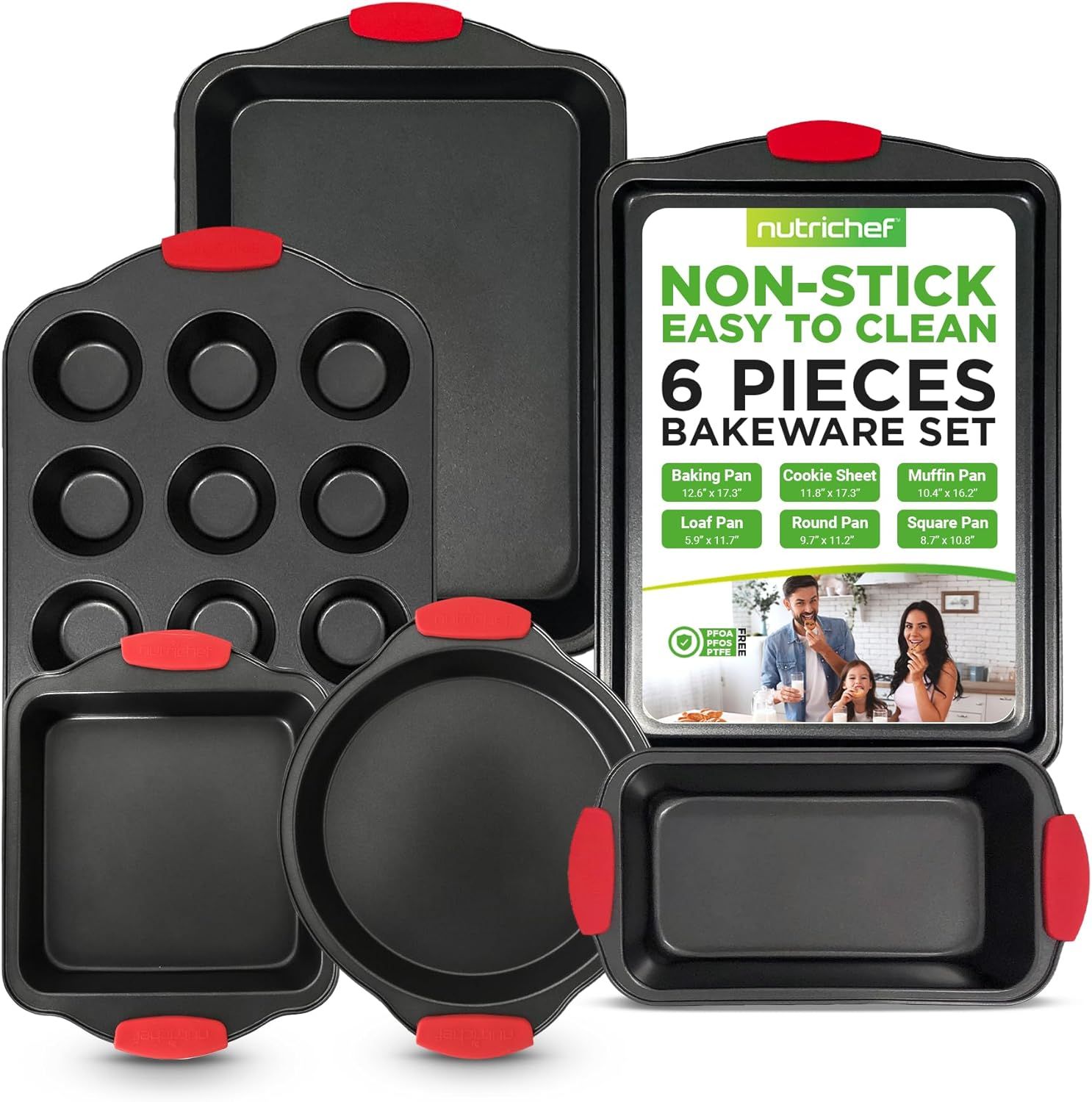 NutriChef 6-Piece Nonstick Carbon Steel Bakeware Set with Red Silicone Handles