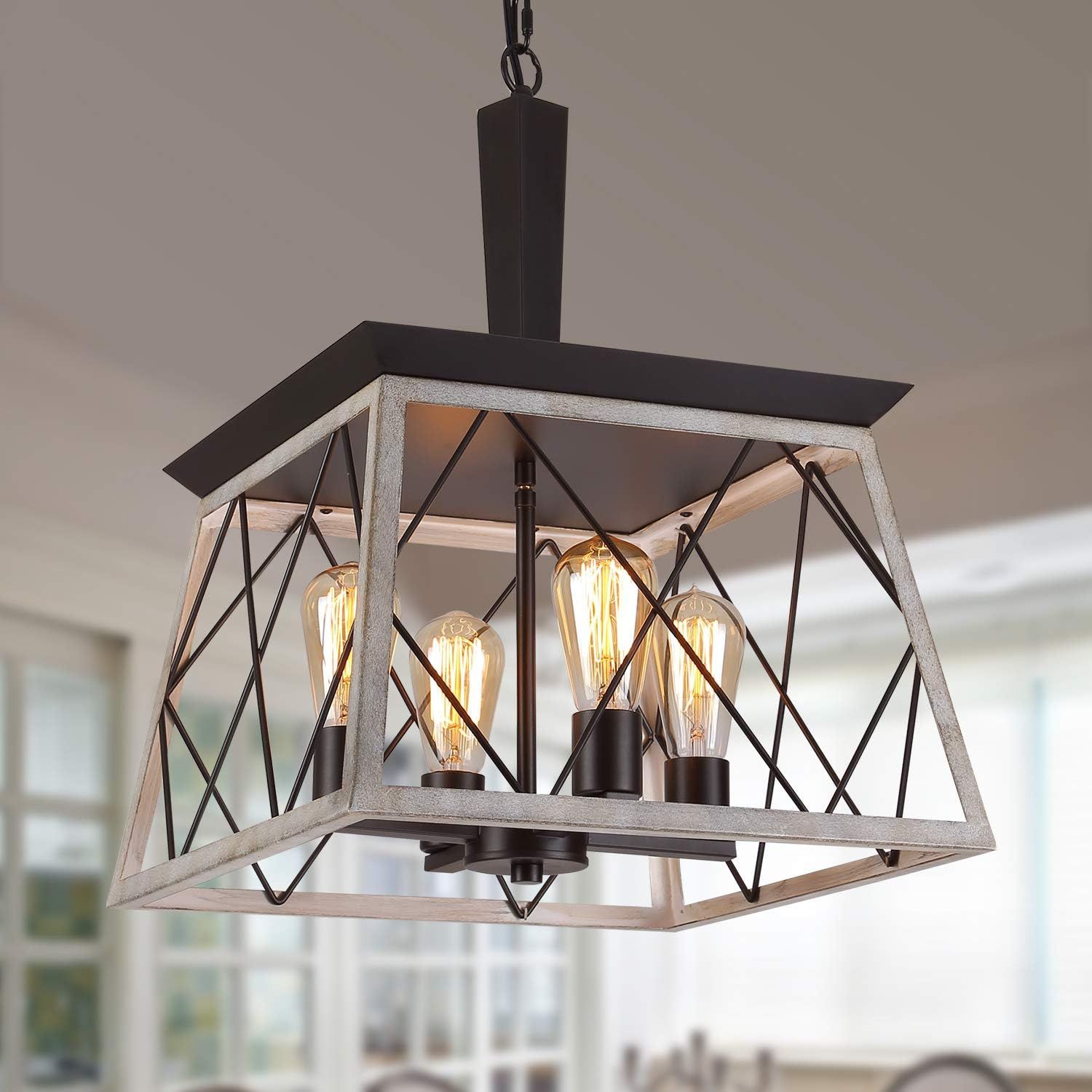 Farmhouse White Metal Cage 4-Light LED Chandelier