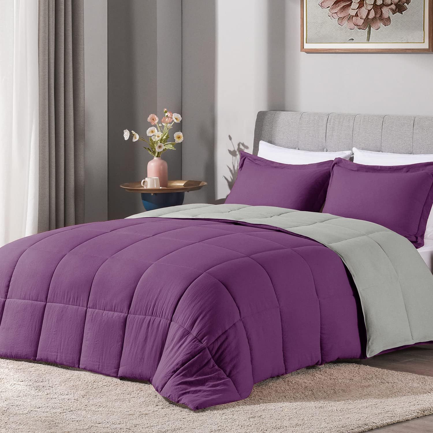 Queen Purple and Grey Reversible Microfiber Comforter Set