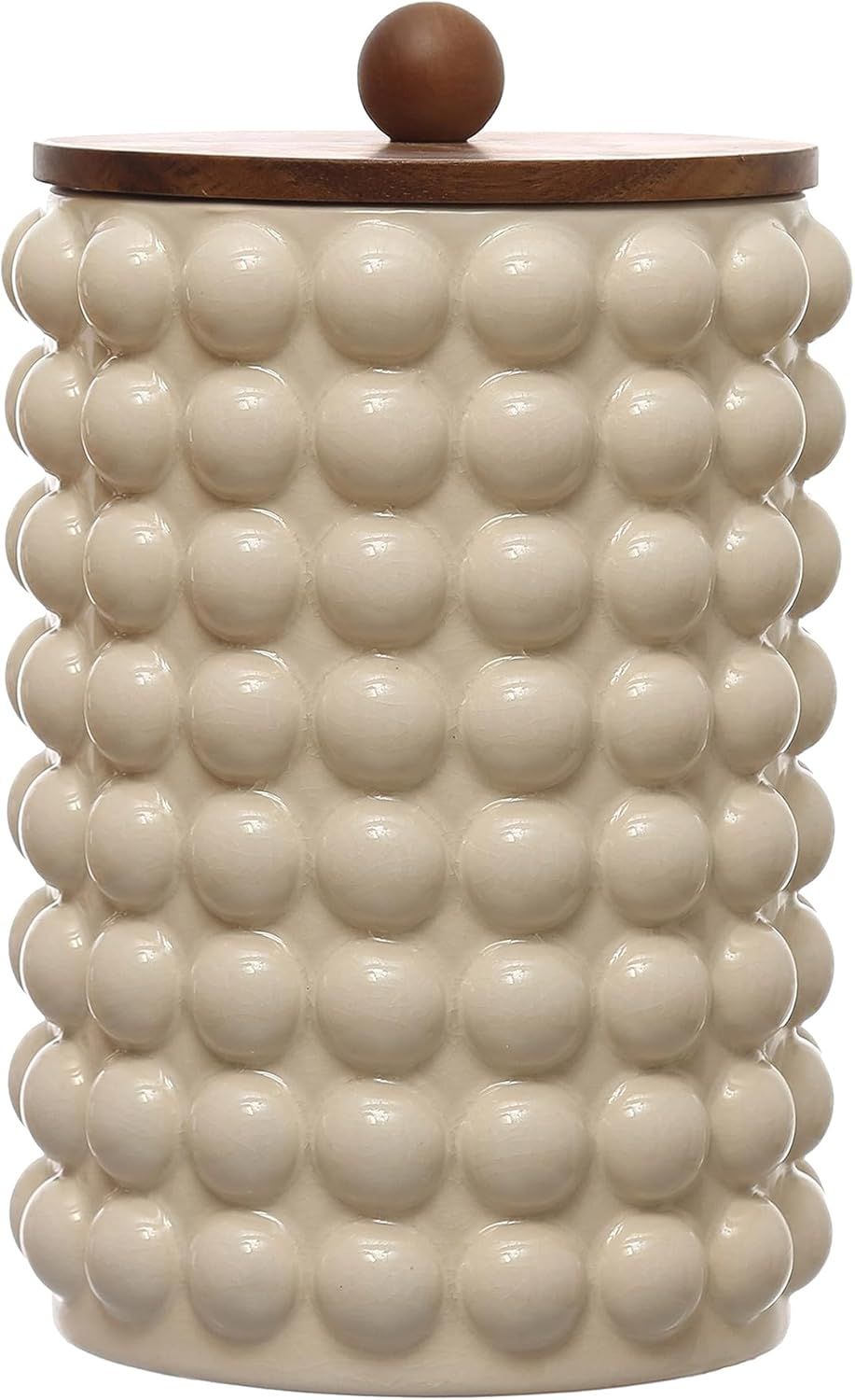 White Ceramic Canister with Acacia Wood Lid, 10.63"