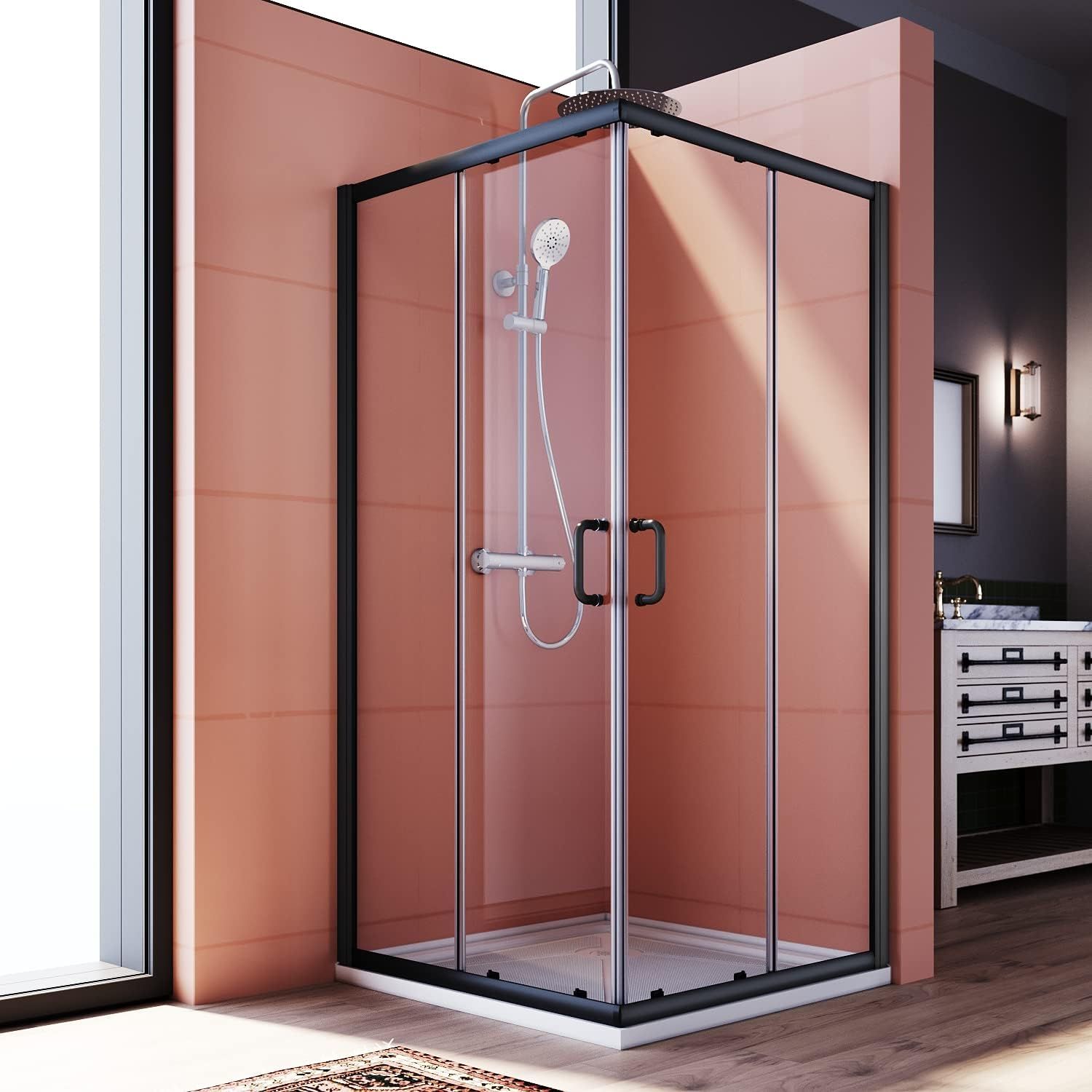 Elegant Black Double Sliding Corner Shower Enclosure with Clear Glass