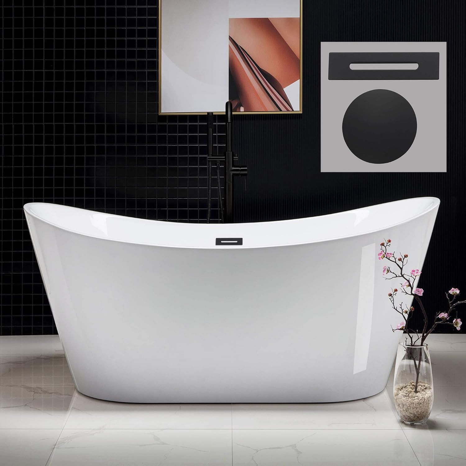 67'' White Acrylic Freestanding Soaking Bathtub with Matte Black Overflow and Drain