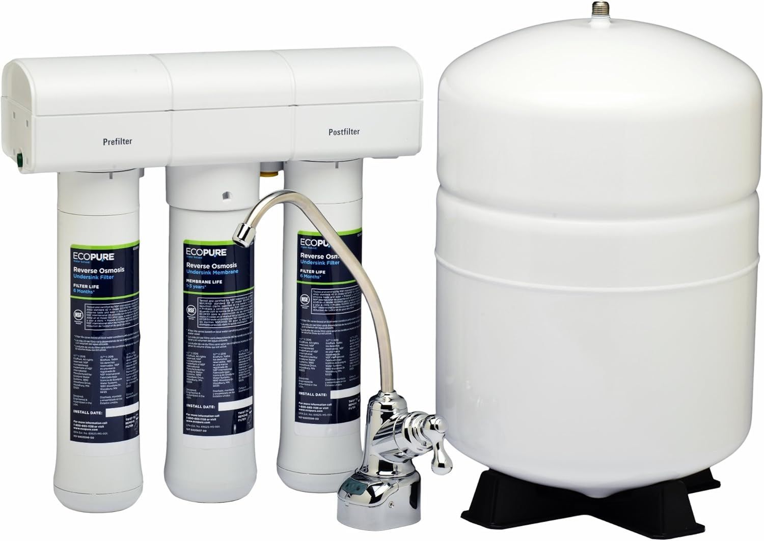 EcoPure White Under Sink Reverse Osmosis Water Filter System