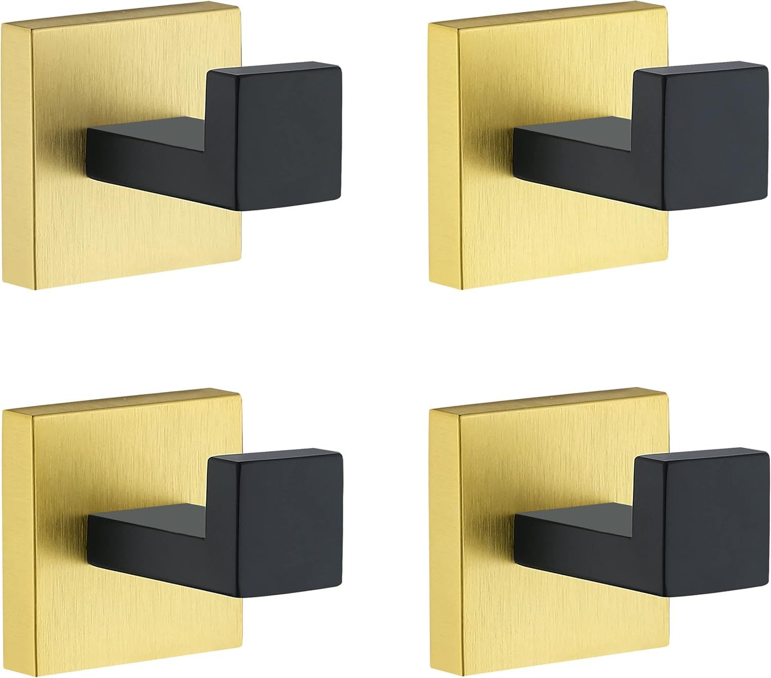 Black and Gold Stainless Steel Square Towel Hooks, 4 Pack