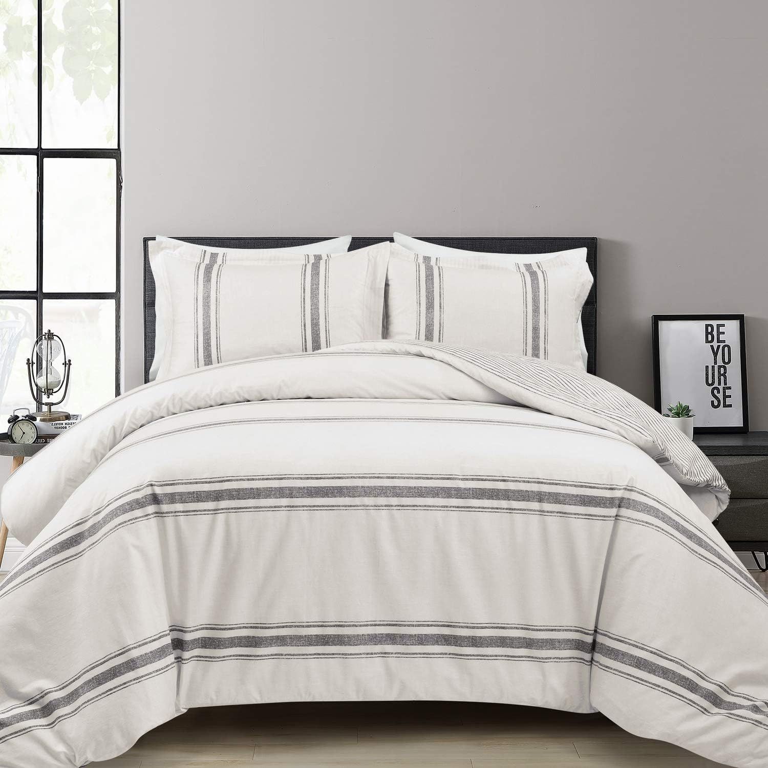 King Gray Cotton Farmhouse Stripe Duvet Cover Set