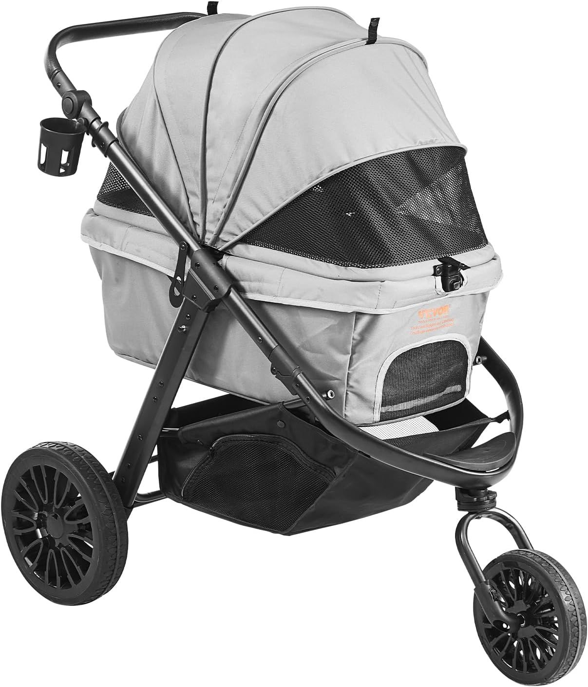 Gray Large Pet Stroller with Adjustable Handle and Storage