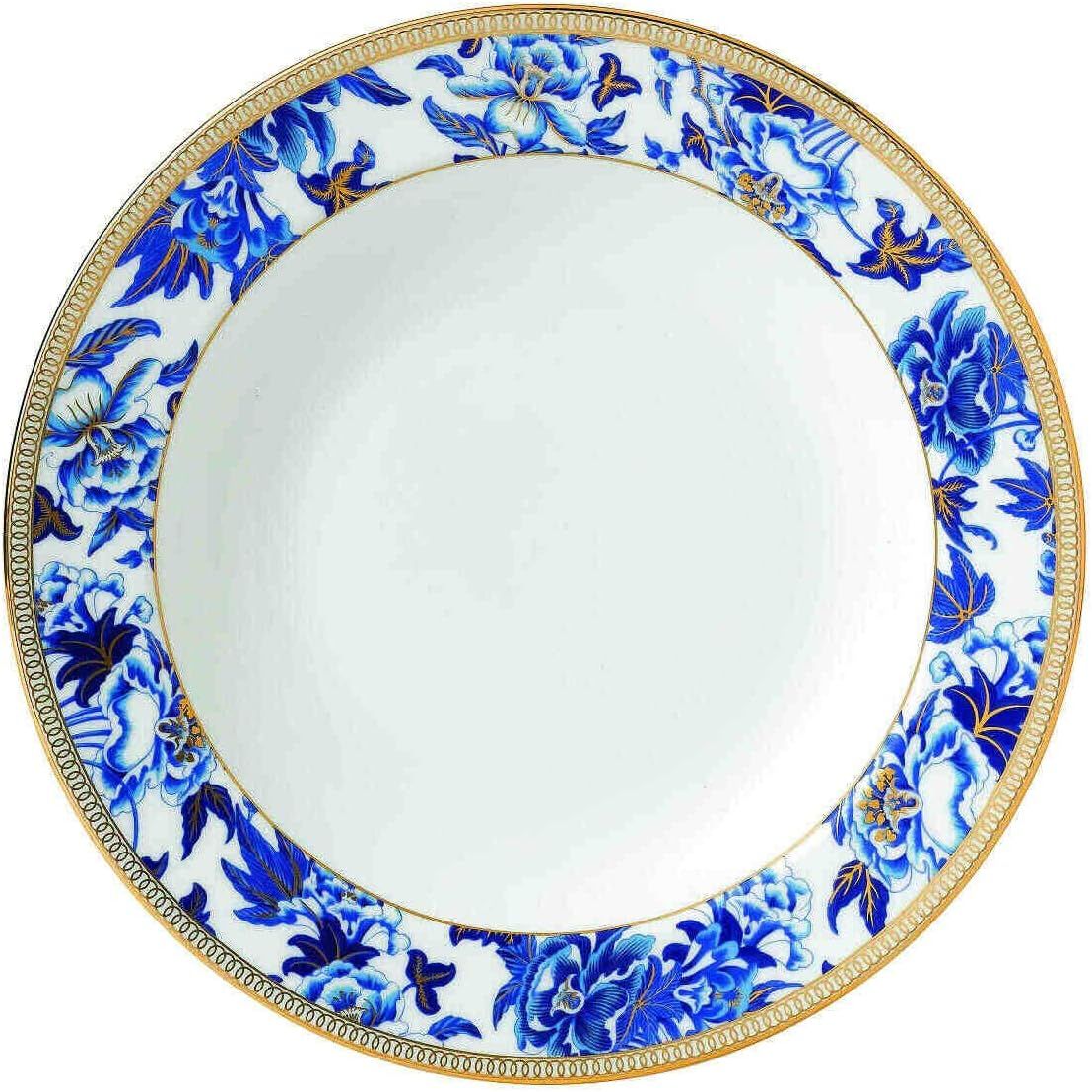 Blue Floral Handcrafted Porcelain Salad Bowl with Gold Rim