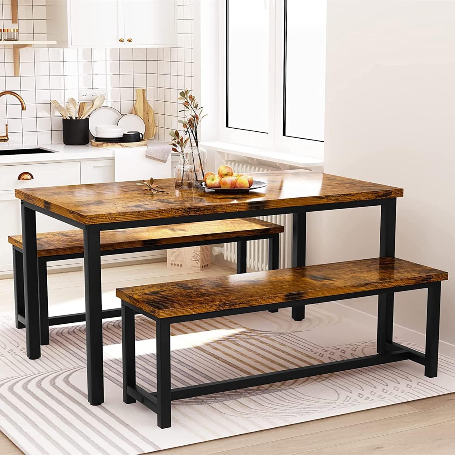 Rustic Brown Wood and Black Metal Dining Table Set with Benches