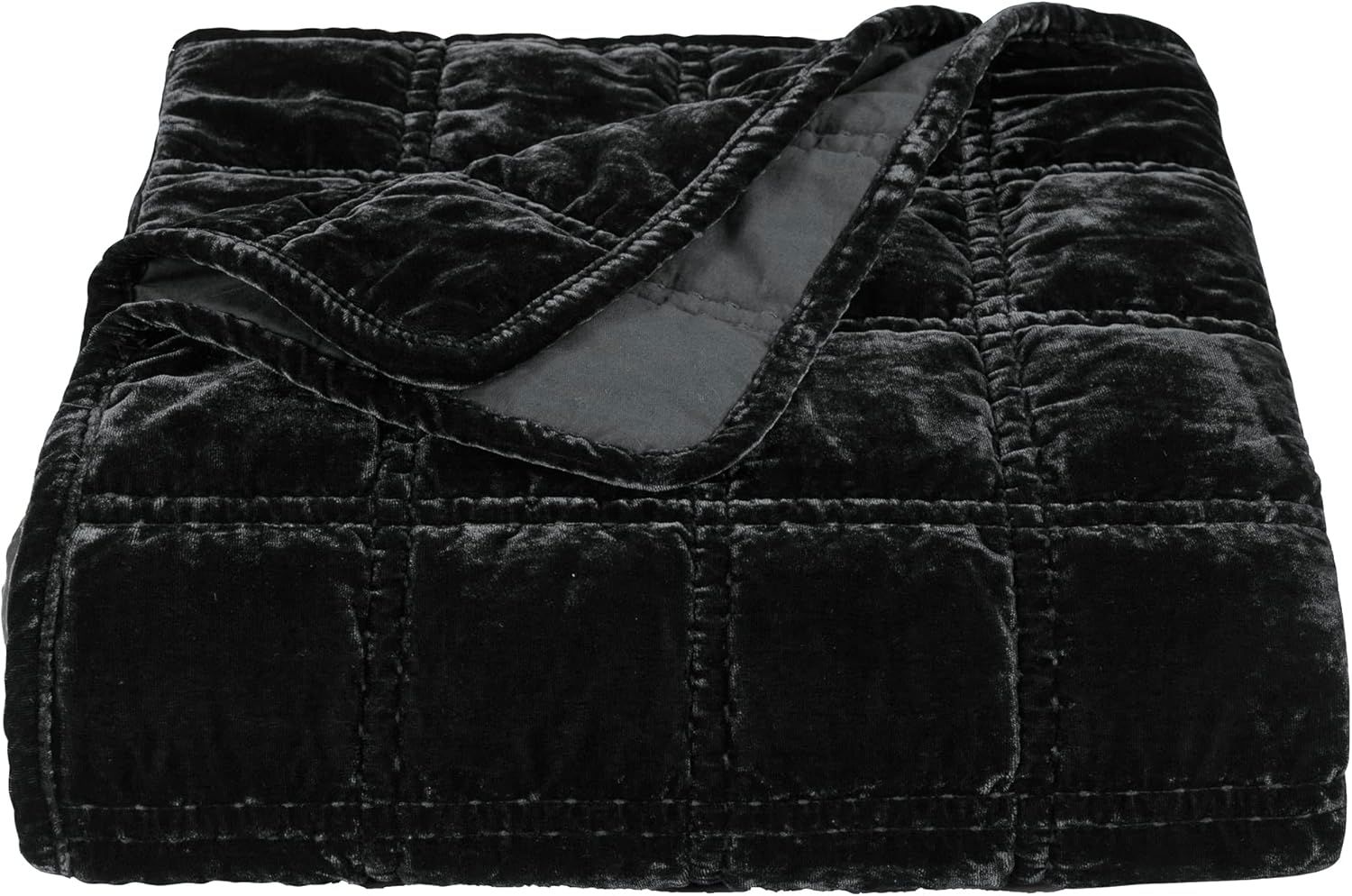 Annita Black Velvet and Cotton Double Box Stitch Throw Blanket, 50"x60"