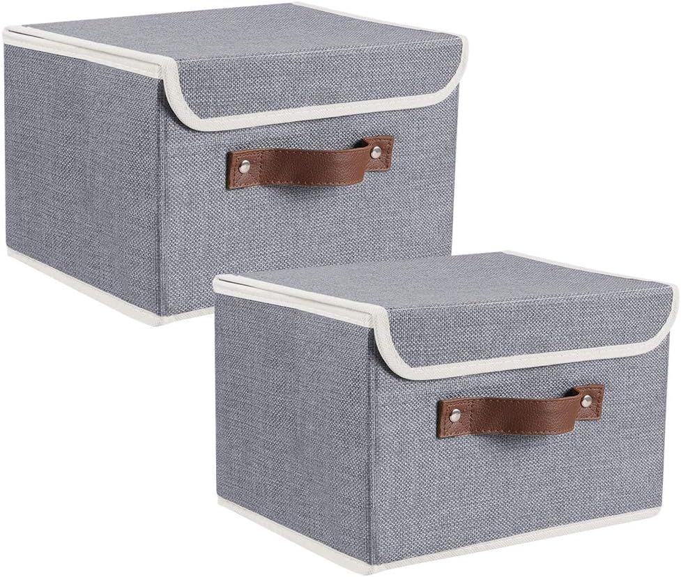 Gray Collapsible Fabric Storage Cubes with Lids and Faux Leather Handles