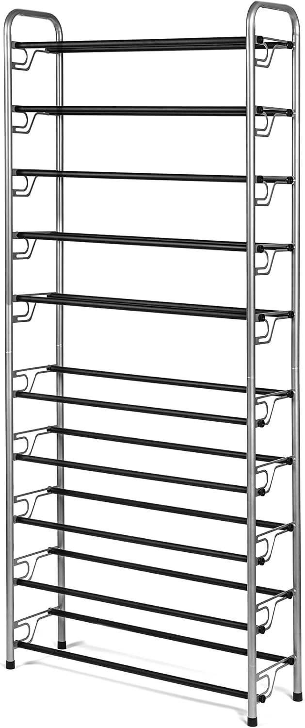 Tall Silver and Black Metal 10-Tier Shoe Rack