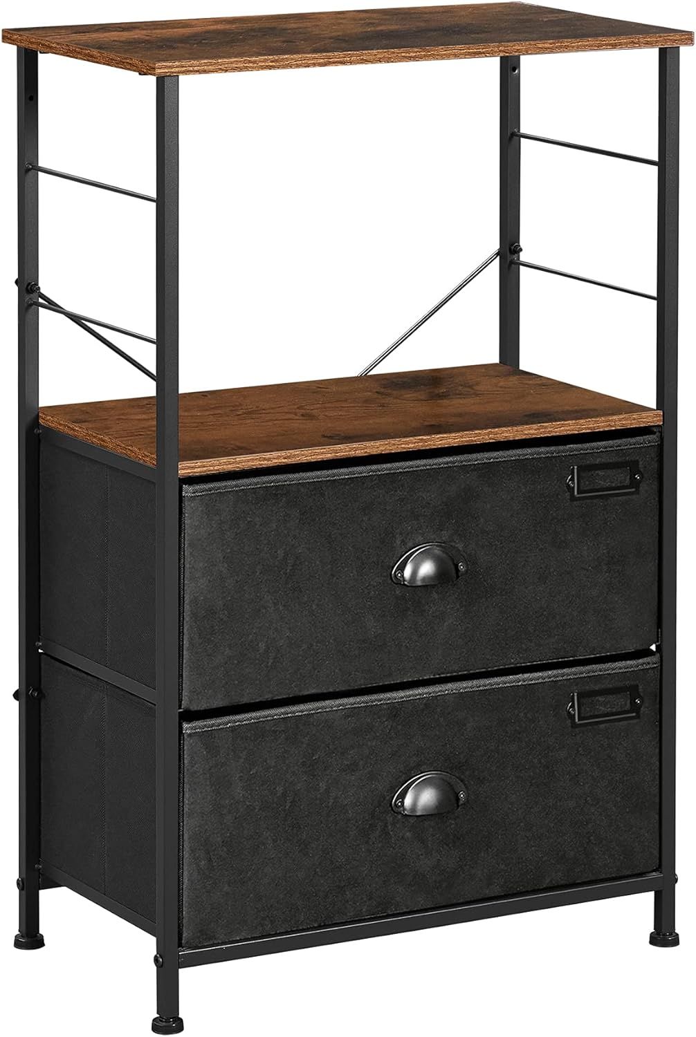 Industrial Black and Brown 2-Drawer Nightstand with Storage Shelves