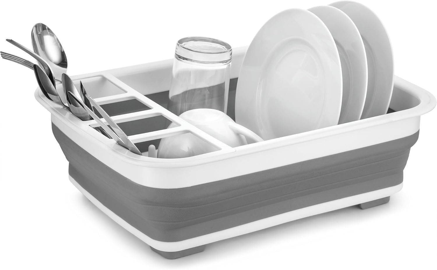 White and Gray Collapsible Silicone Dish Rack with Utensil Cup