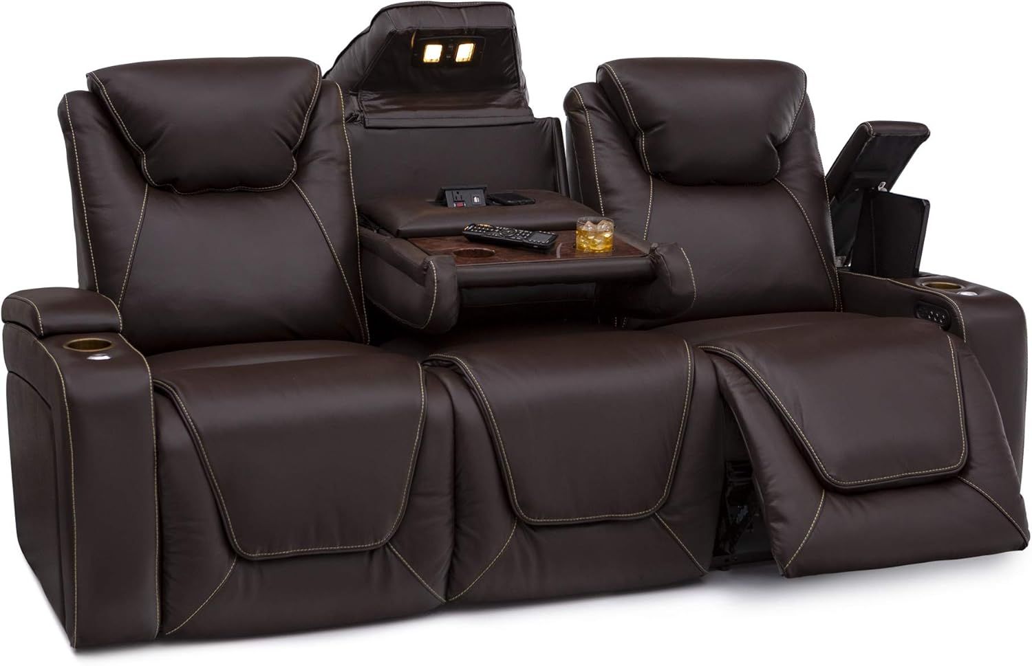 Black Leather Reclining Sofa with Cup Holders and USB Charging