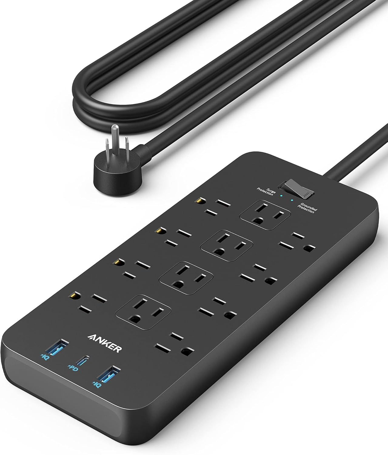 Black 12-Outlet Power Strip with USB Ports and Surge Protection