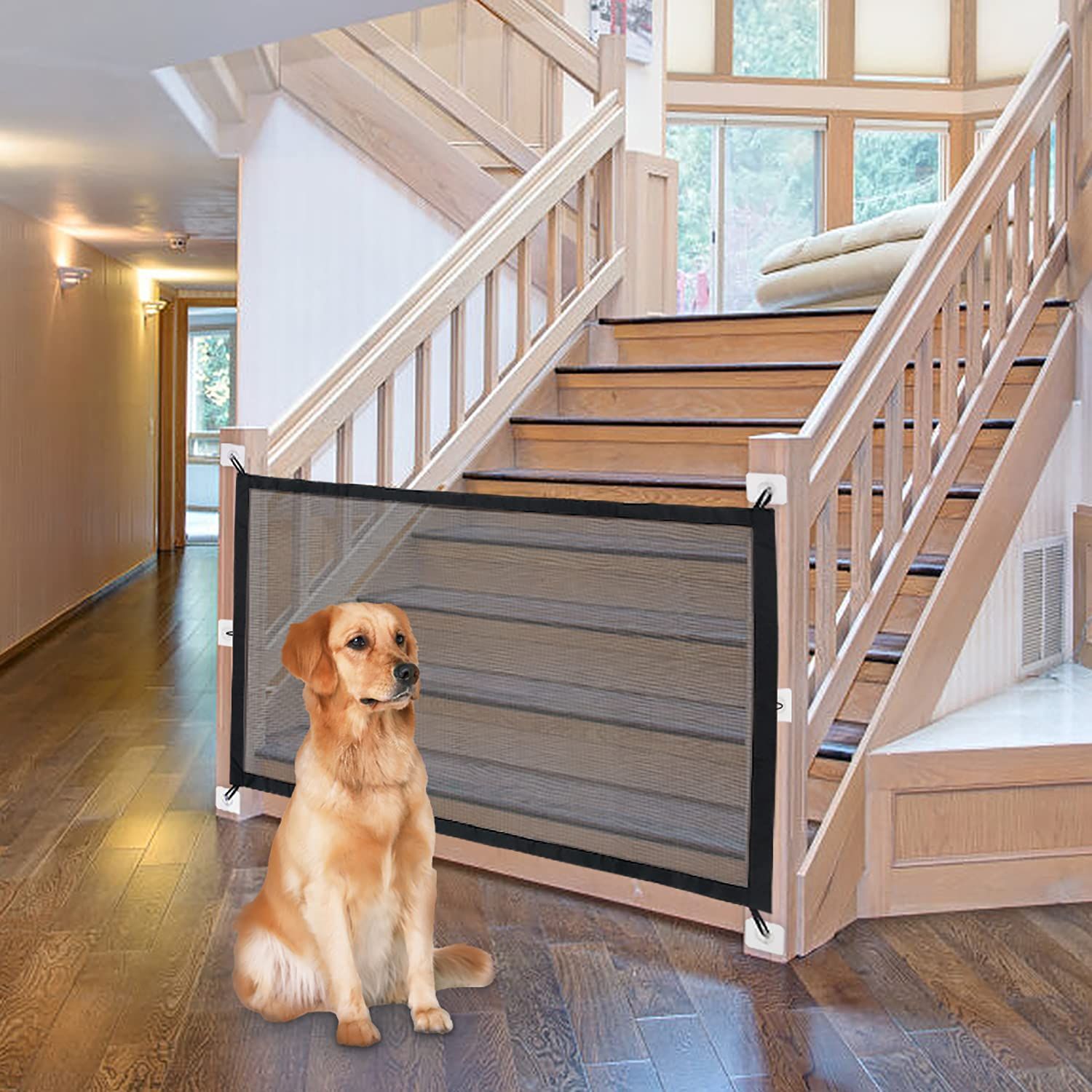 Black Retractable Fabric Pet Gate for Stairs