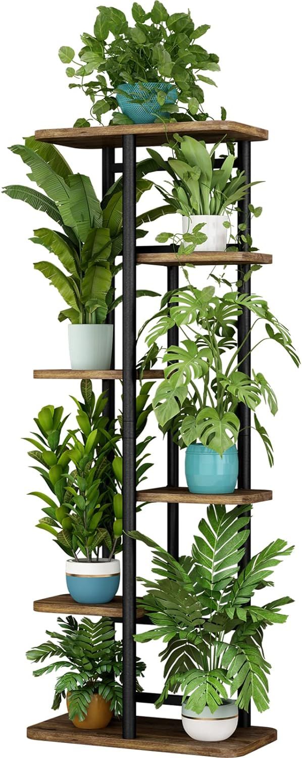 Black and Brown 6-Tier Iron and MDF Plant Stand