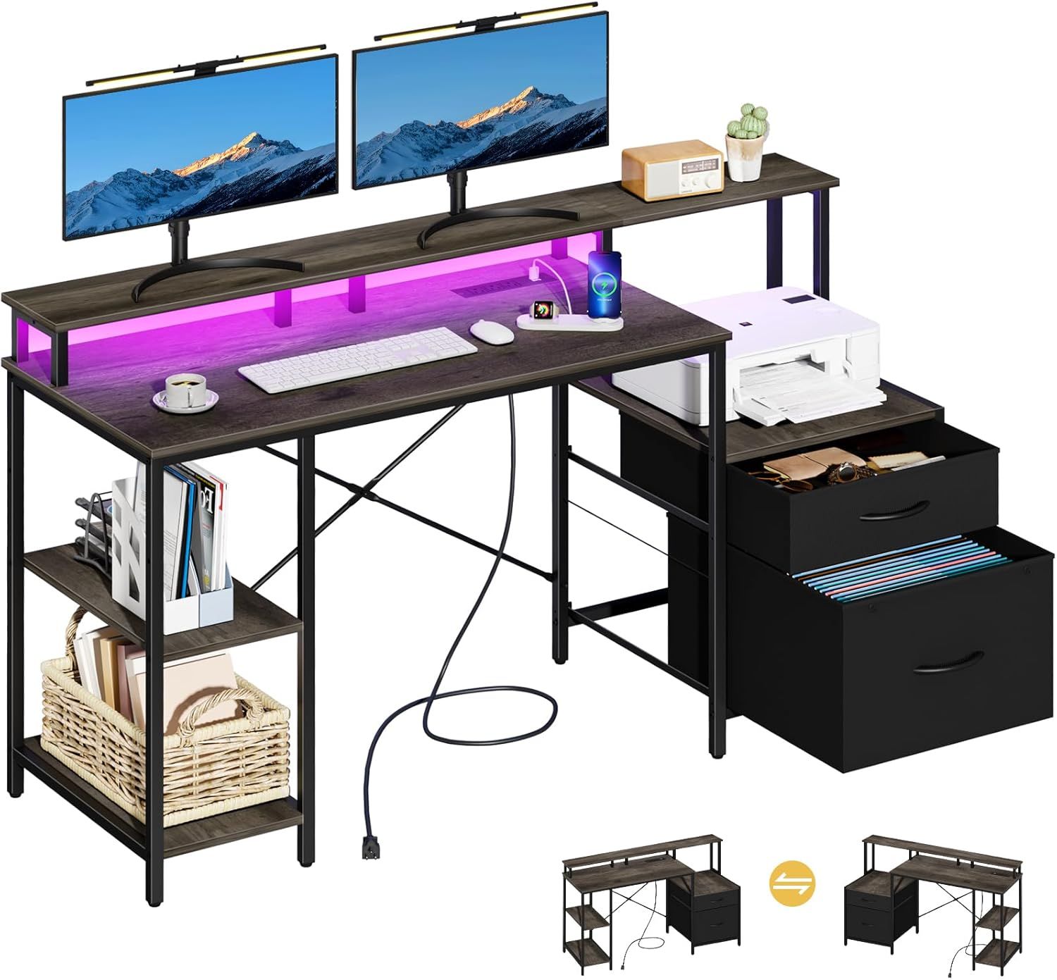 Charcoal Gray Wood Gaming Desk with Drawer, Power Outlet, and USB Port