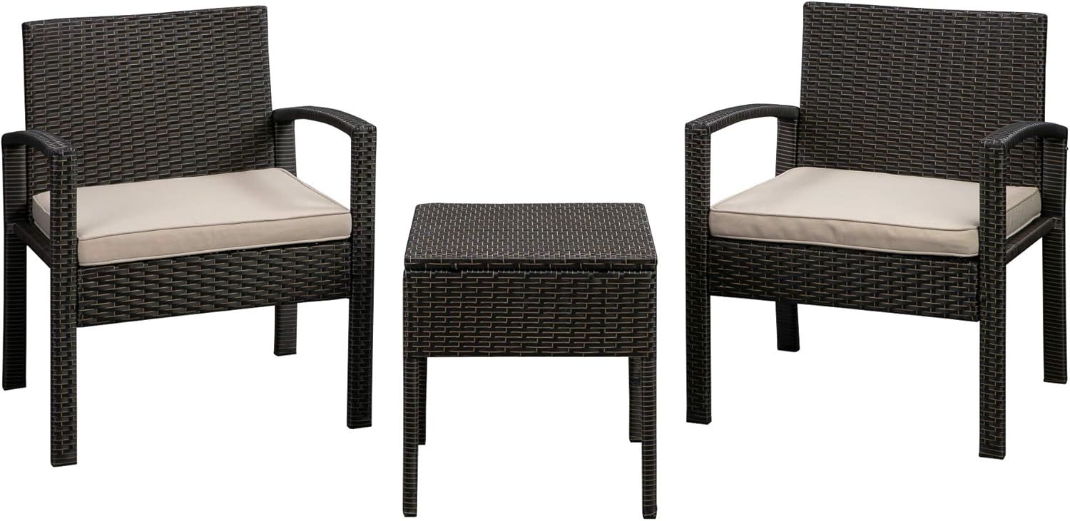 Mocha Wicker 2-Person Conversation Set with Khaki Cushions