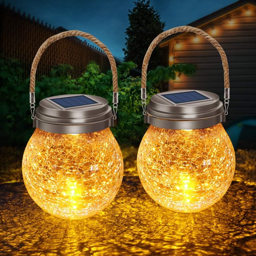 Amber Crackle Glass Solar Lanterns with Rope Handle, 2 Pack