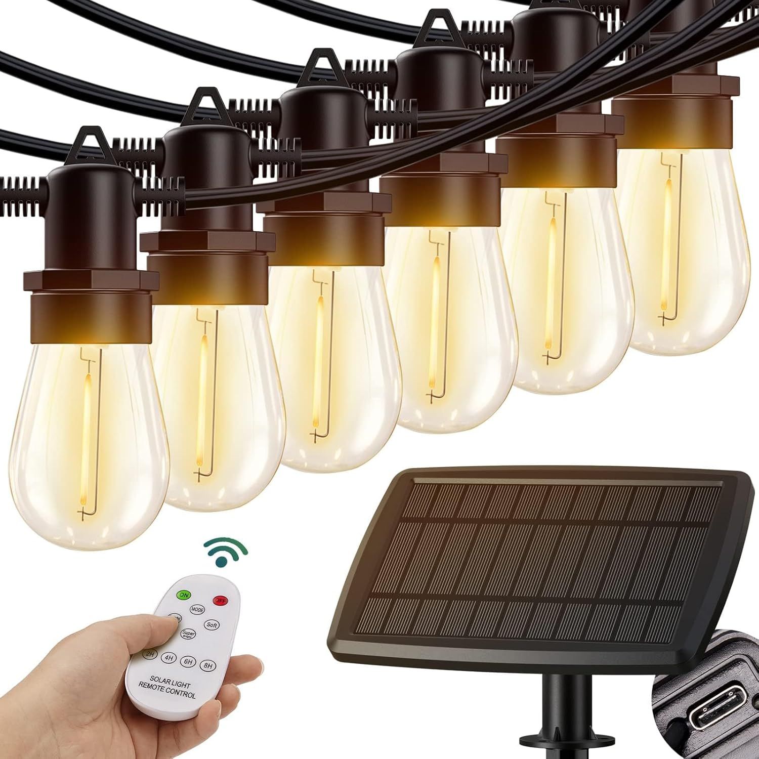 54FT Solar Powered Outdoor LED String Lights with Remote Control