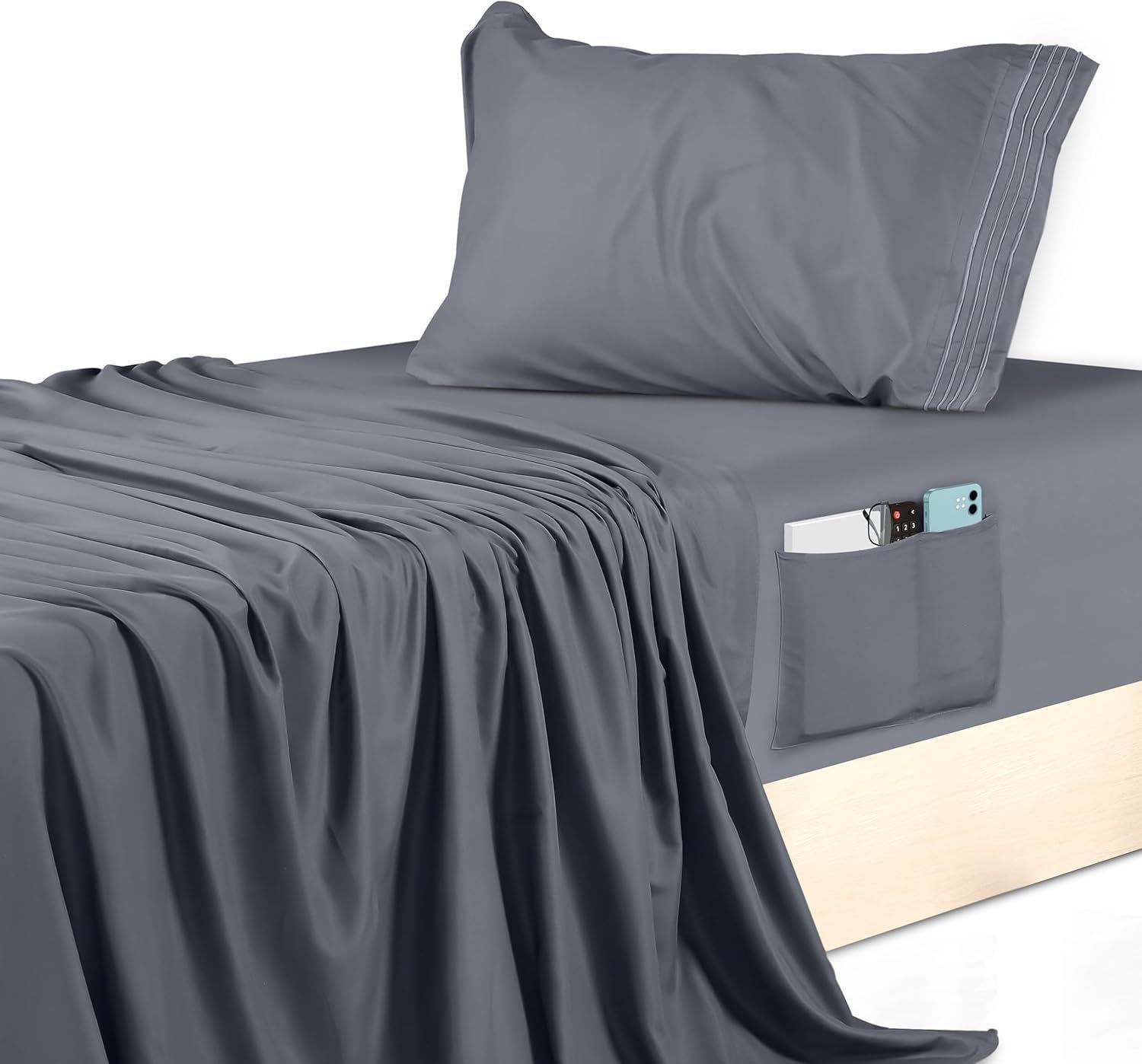 Gray Twin Microfiber Deep Pocket Sheet Set with Side Storage