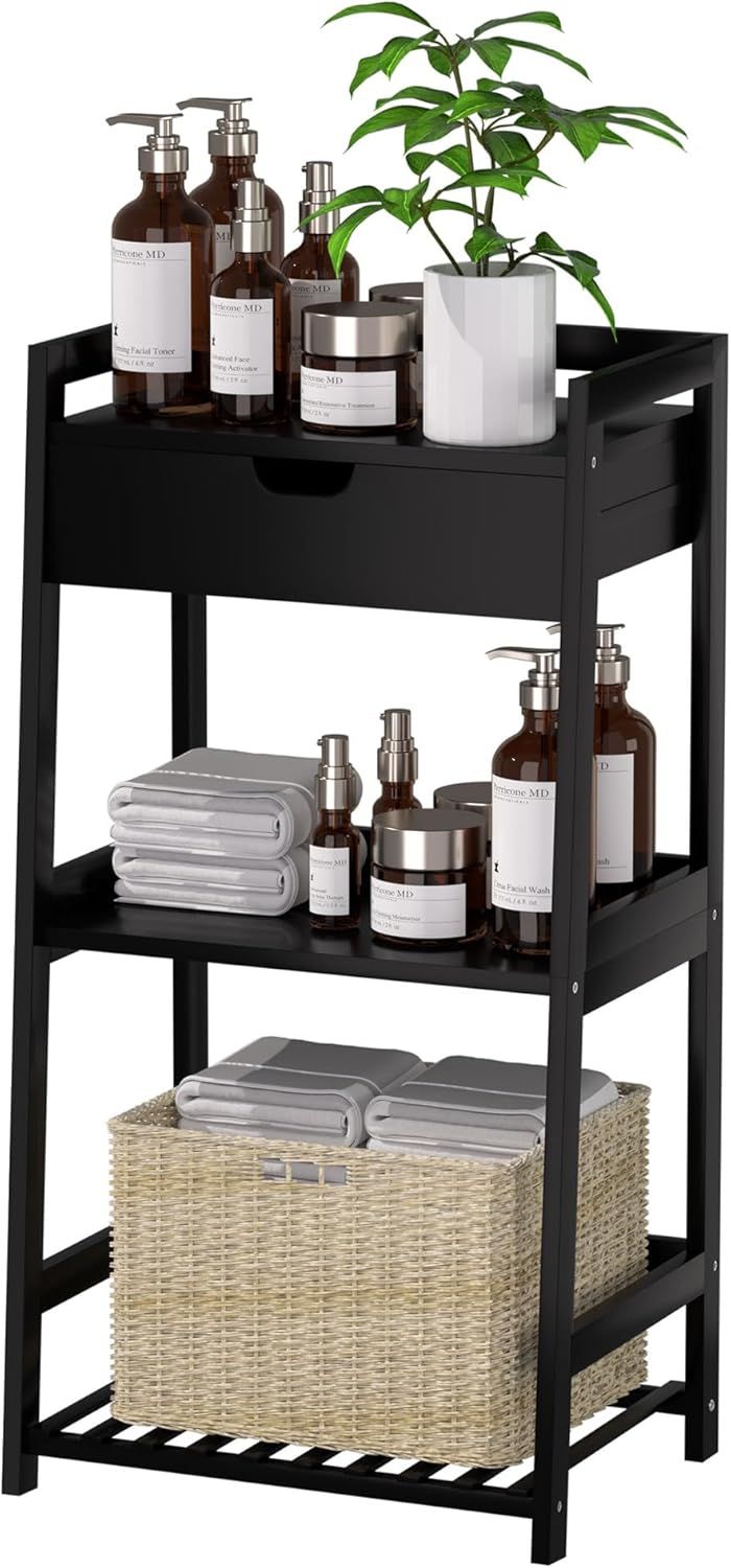 Classic Black Bamboo 3-Tier Ladder Shelf with Drawer