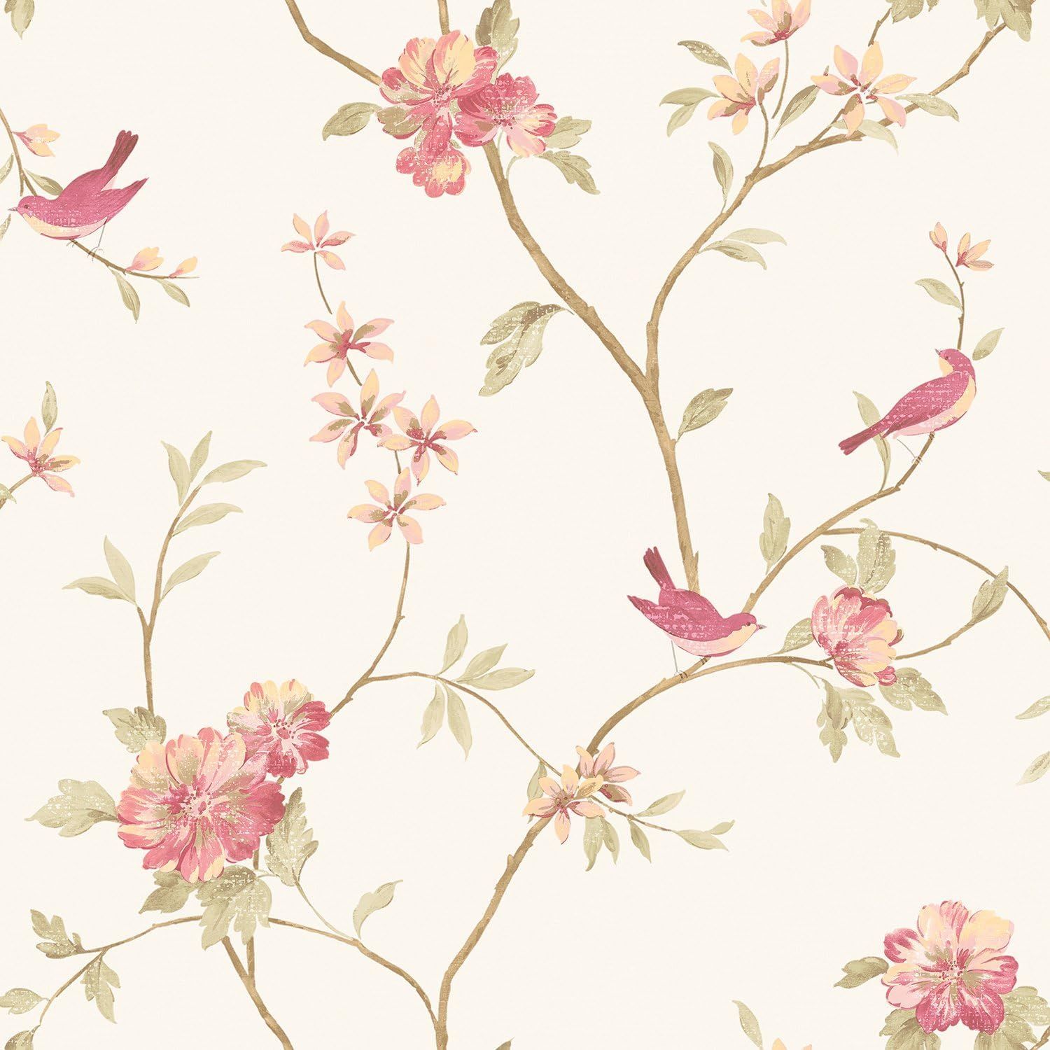 Raspberry and Cream Floral Bird Embossed Wallpaper