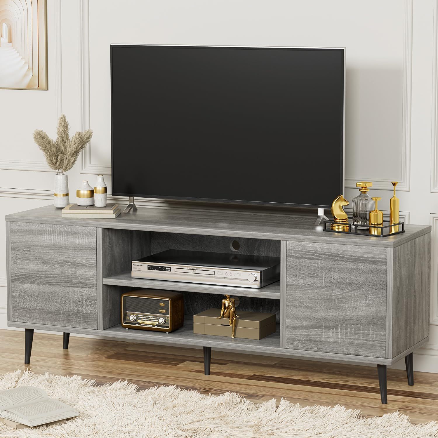 Modern Gray Wood TV Stand with Cabinets and Pop-up Doors