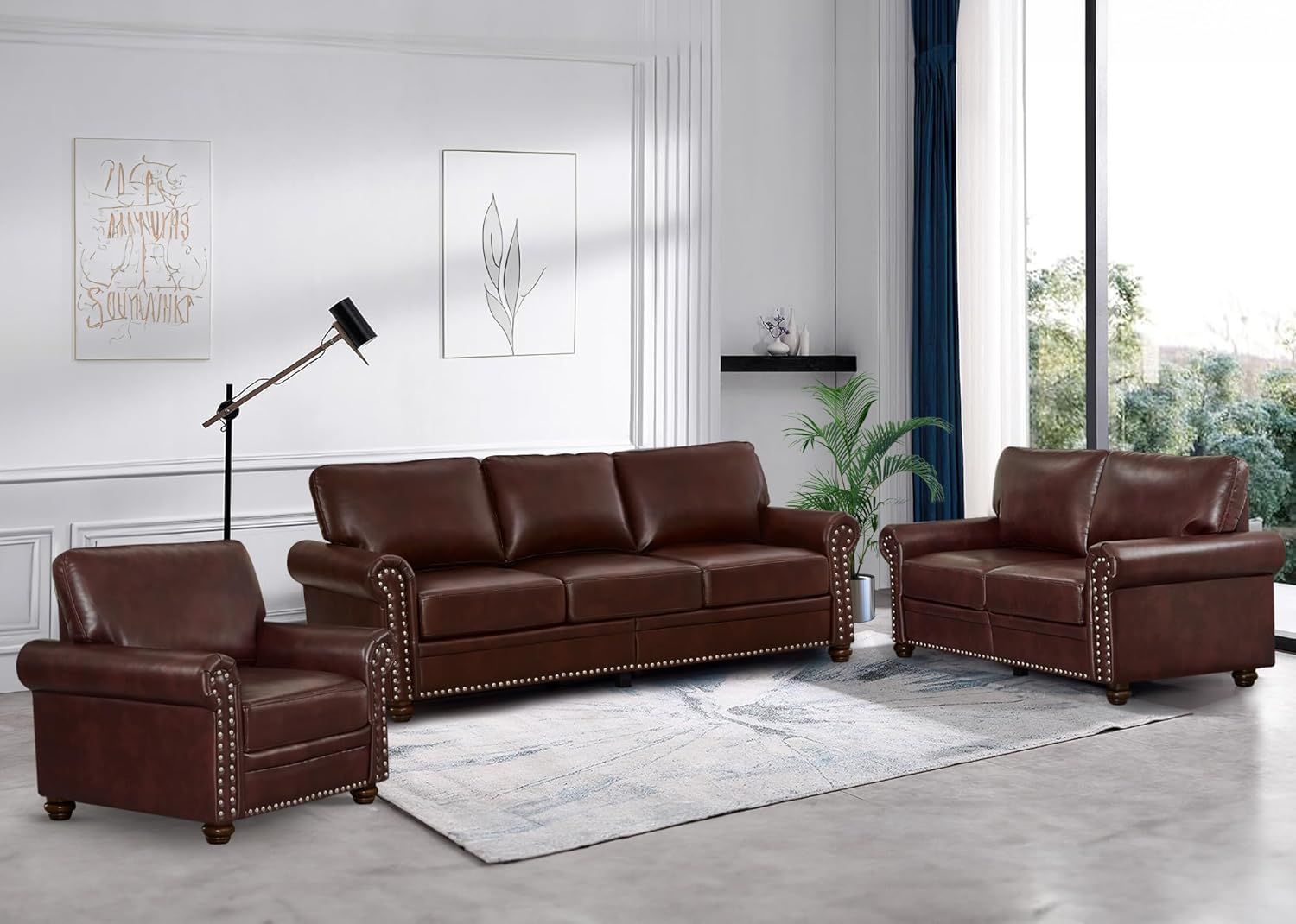 Burgundy Faux Leather 3-Piece Sofa Set with Nailhead Trim