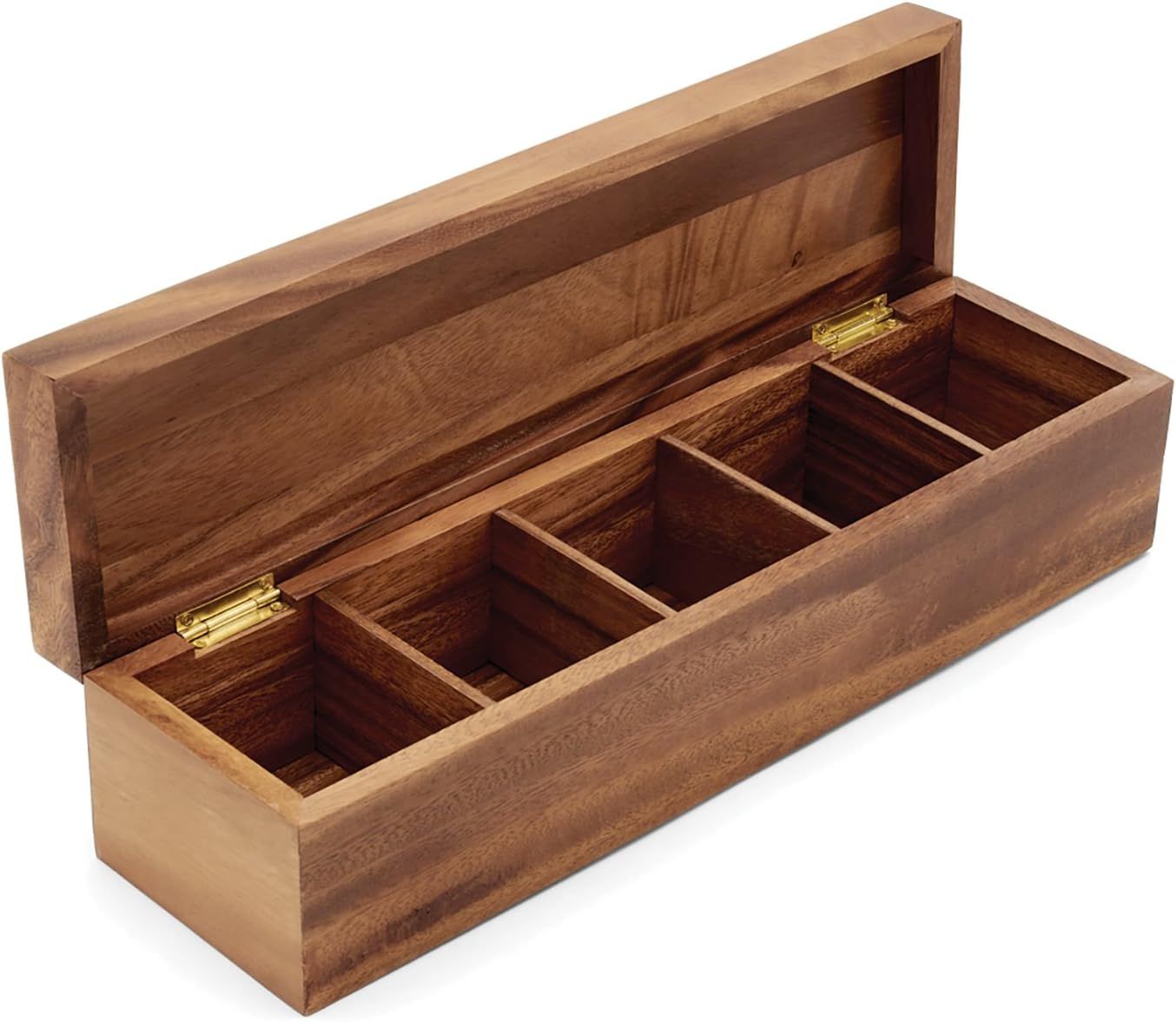 Large Acacia Wood Tea Box with 5 Compartments