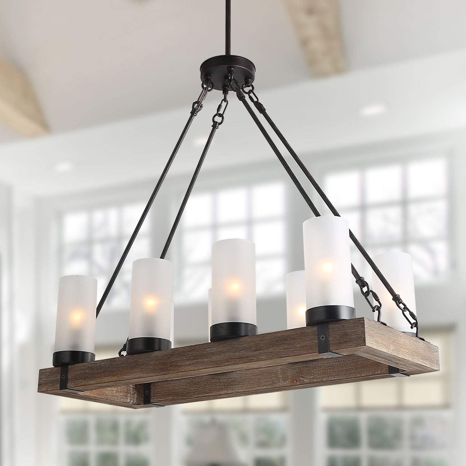 Rustic Bronze and Wood Chandelier with Frosted Glass Shades