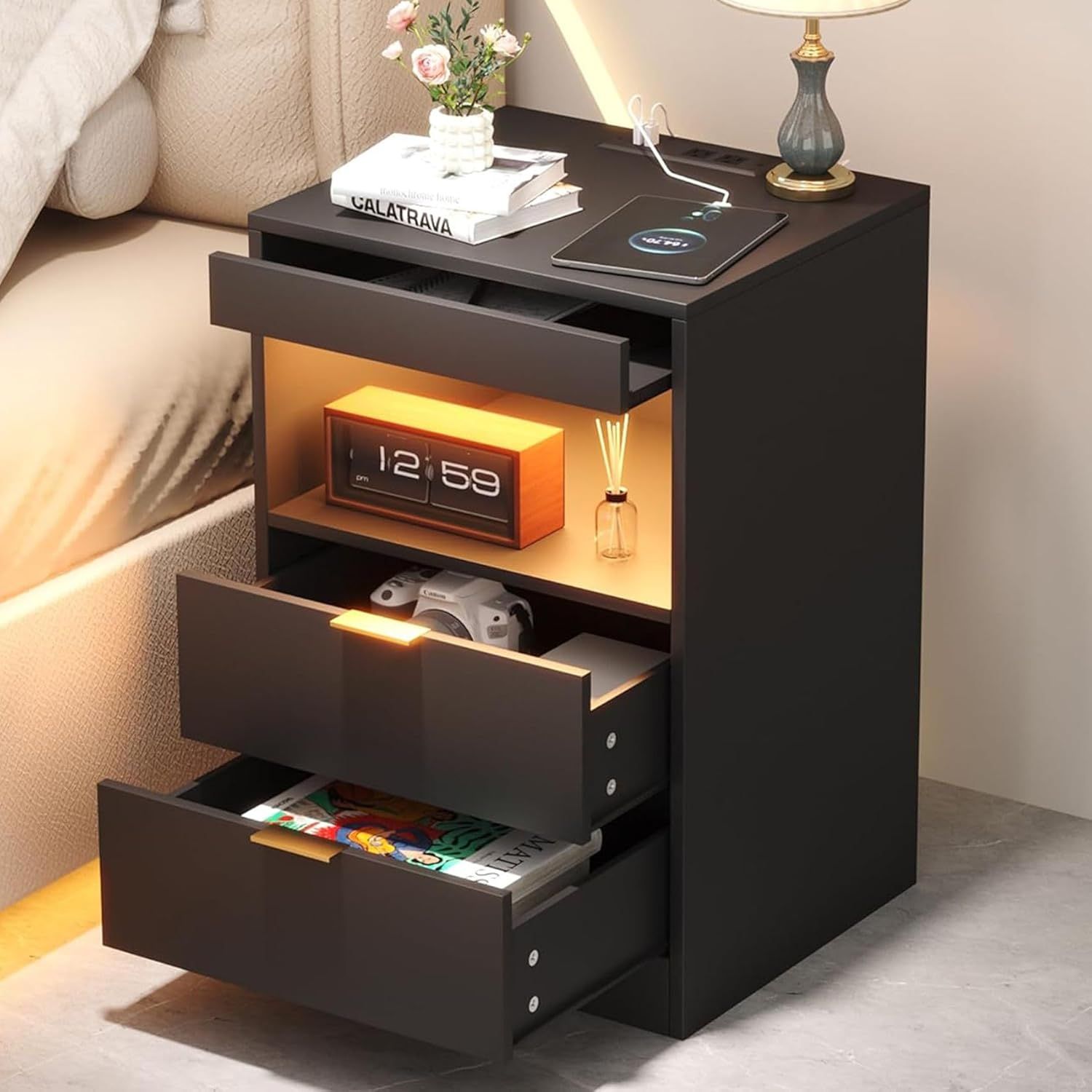 Black MDF Nightstand with LED Lights and Charging Station