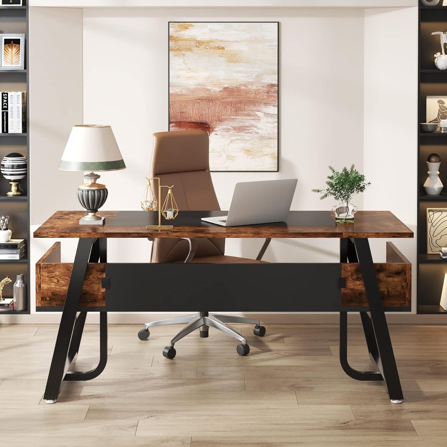 63" Black and Brown Wood Modern Office Desk with Storage Shelf